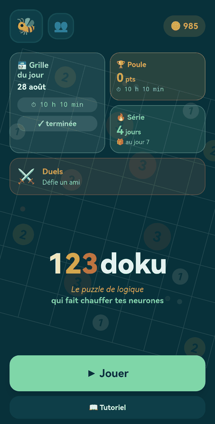 L'écran d'accueil de 123doku : la grille du jour, la poule quotidienne et les duels entre amis.